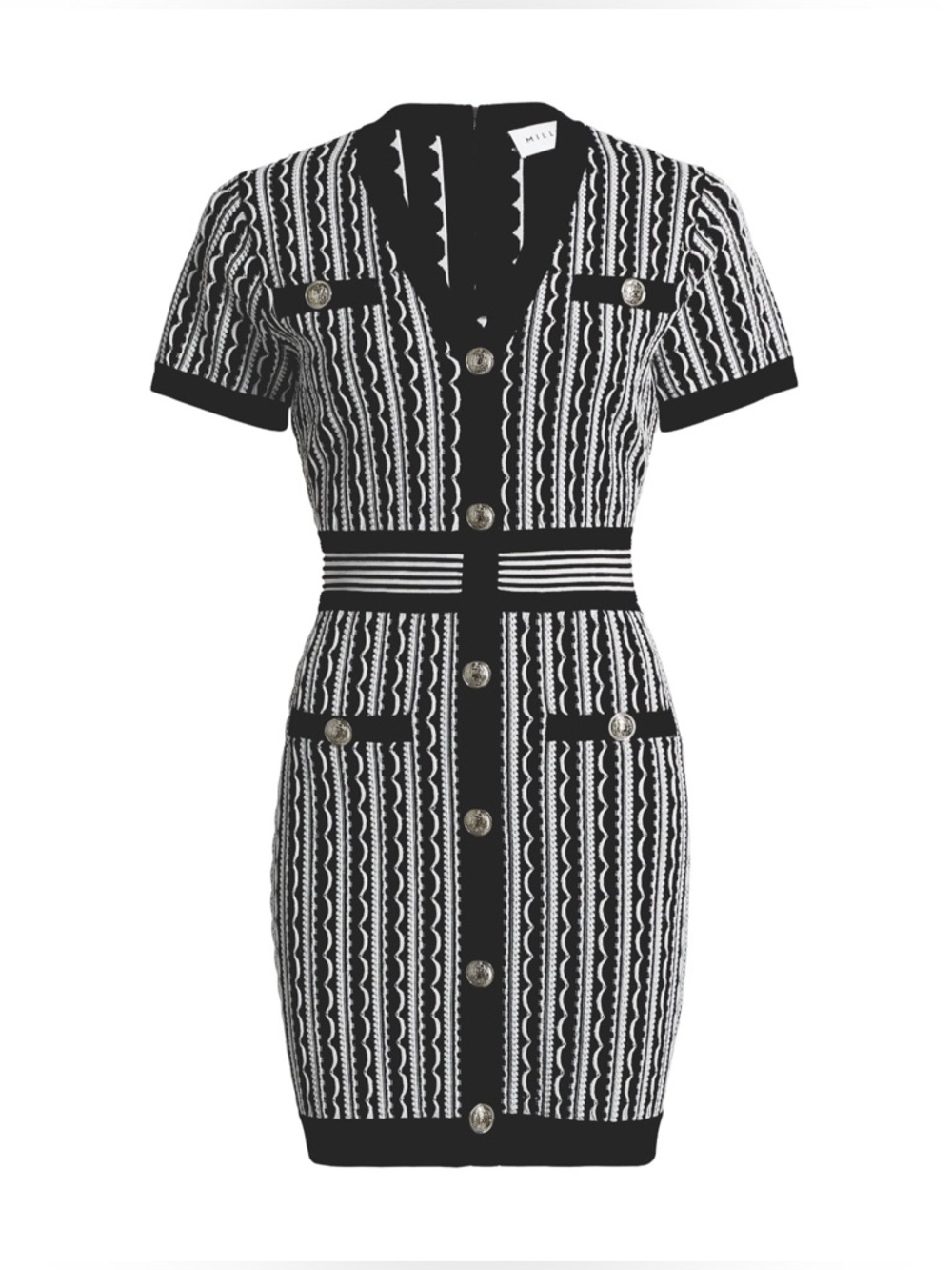 Milly Black & White Scallop Textured V-Neck Knit Minidress - Large NWT